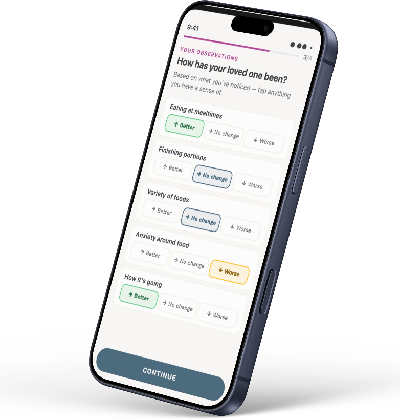 The caregiver's Univa app — a gentle daily observations check-in